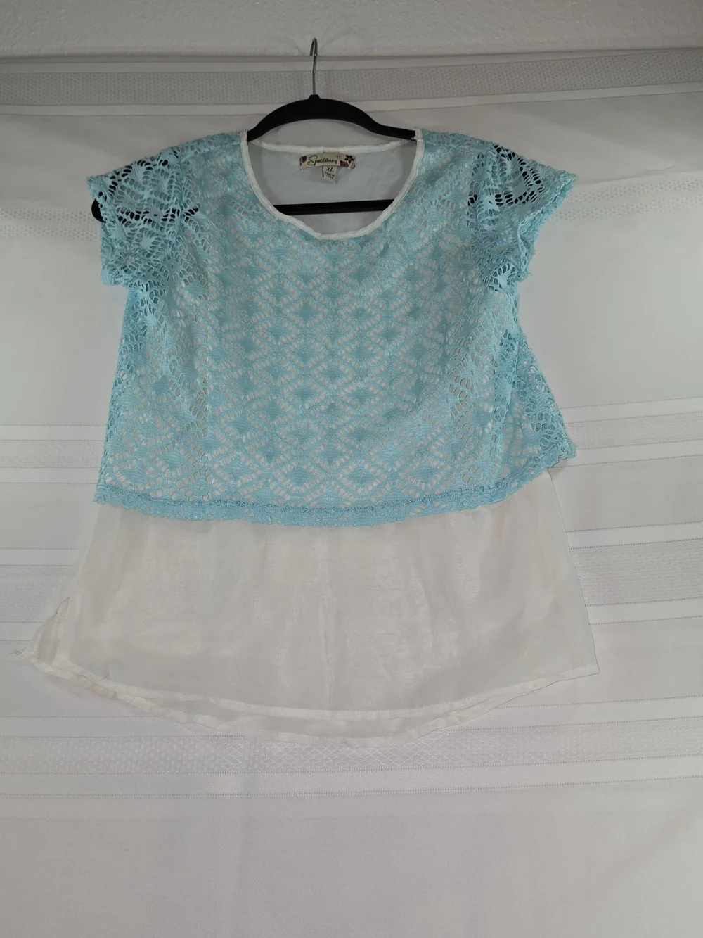 Speechless Aqua Crochet Overlay Tunic with Cream Underlayer